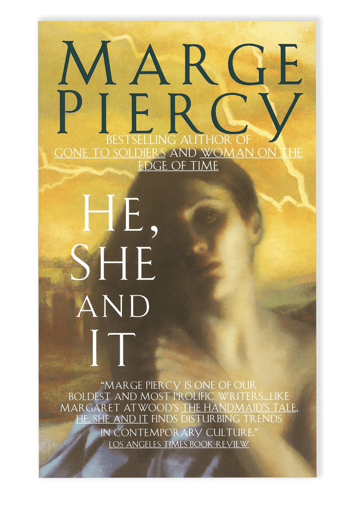 cover of Marge Piercy's He, She, and It; showing a woman with low neckline standing against a yellow thundering sky cover of Marge Piercy's He, She, and It; showing a woman with low neckline standing against a yellow thundering sky