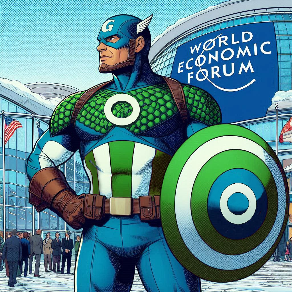 Captain America, now rebranded, stands proudly in front of the World Economic Forum headquarters, embracing his new globalist identity in this superhero satire.
