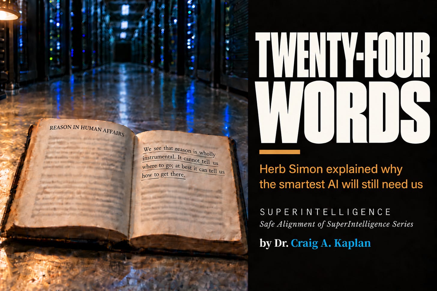 An old hardcover book lies open on a data center floor, warmly lit, with the running head "Reason in Human Affairs" on the left page and an underlined passage on the right: "We see that reason is wholly instrumental. It cannot tell us where to go; at best it can tell us how to get there." Rows of servers recede into the dark behind it. Cover text reads: Twenty-Four Words. Herb Simon explained why the smartest AI will still need us. SuperIntelligence, Safe Alignment of SuperIntelligence Series, by Dr. Craig A. Kaplan.