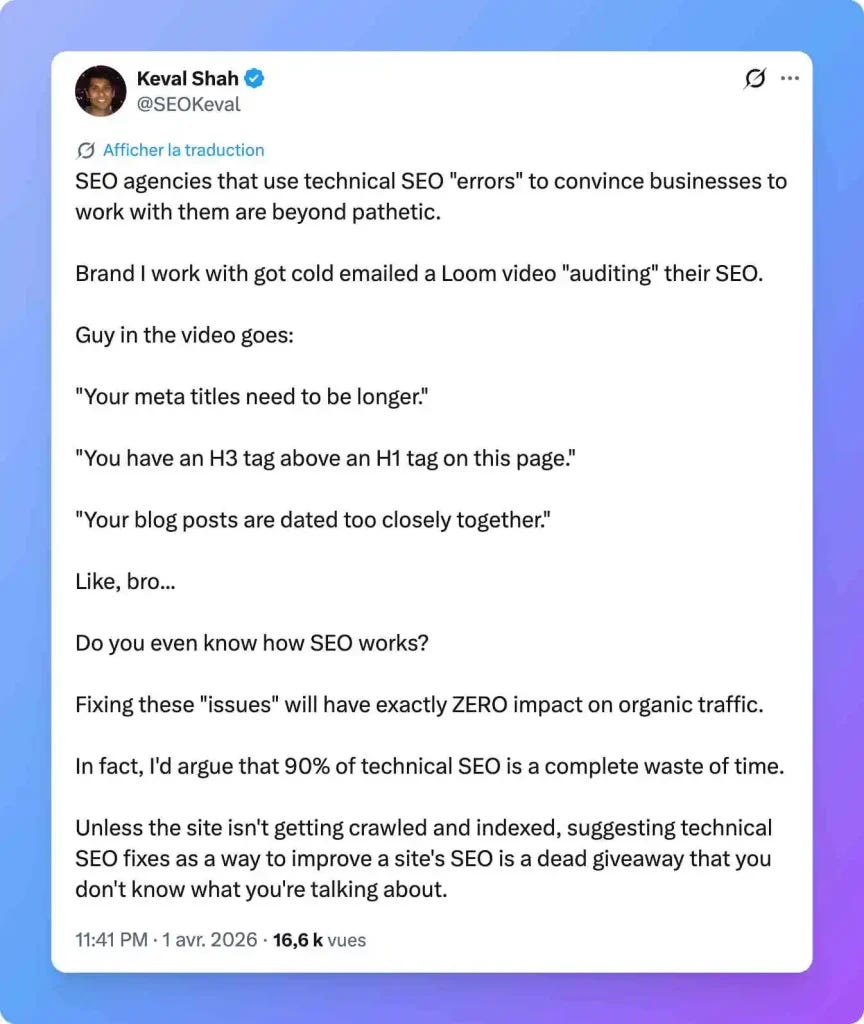 Publication X de Keval Shah sur le SEO technique