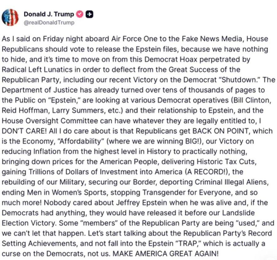 Screenshot of a post by Donald J Trump featuring an American flag emoji and a heart emoji next to his username, with text discussing voting to release Epstein files, mentioning Reid Hoffman, Lester Sun, and others, and topics like economy, DOJ, and making America great again.