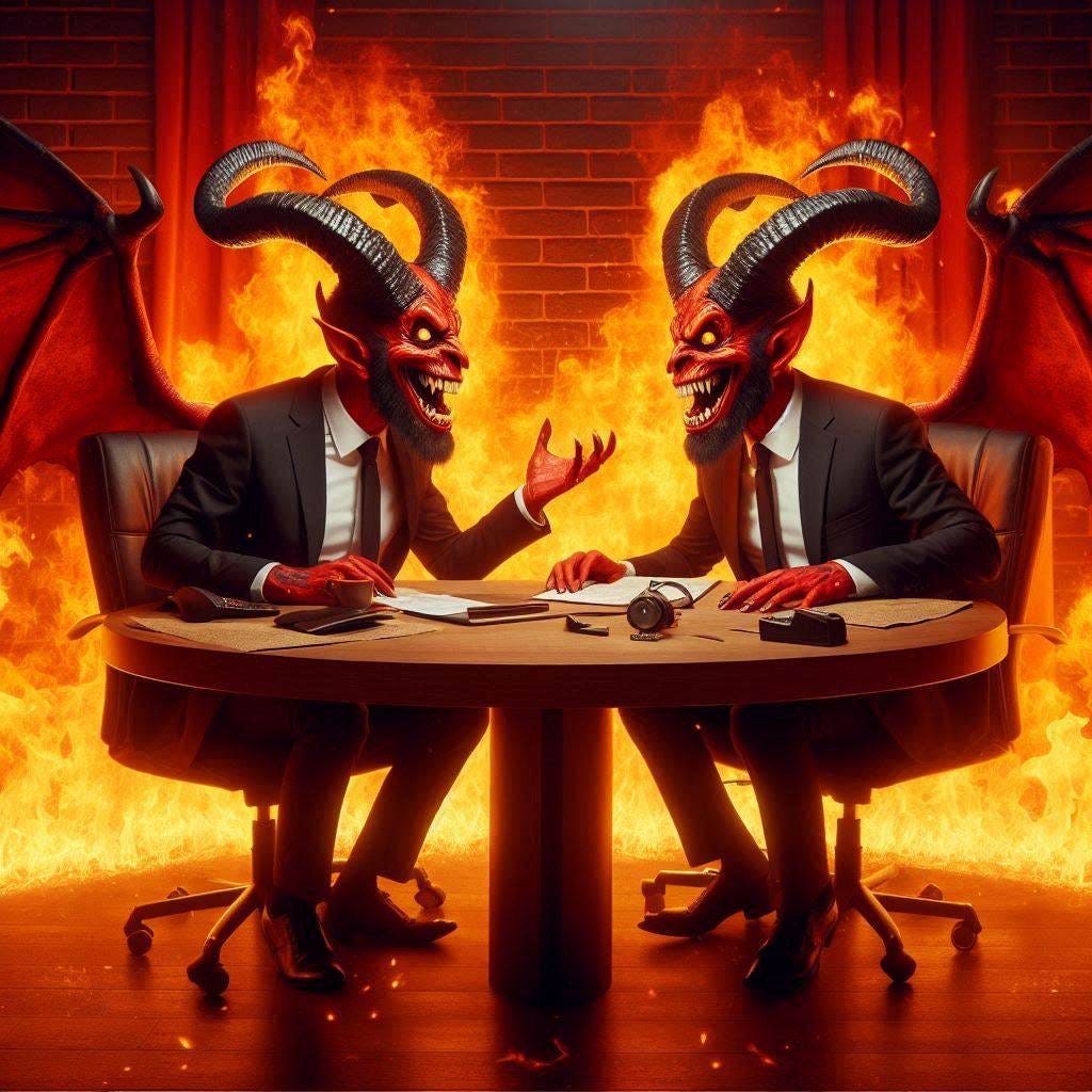 Horned Business chief discusses with horned subchief in hell