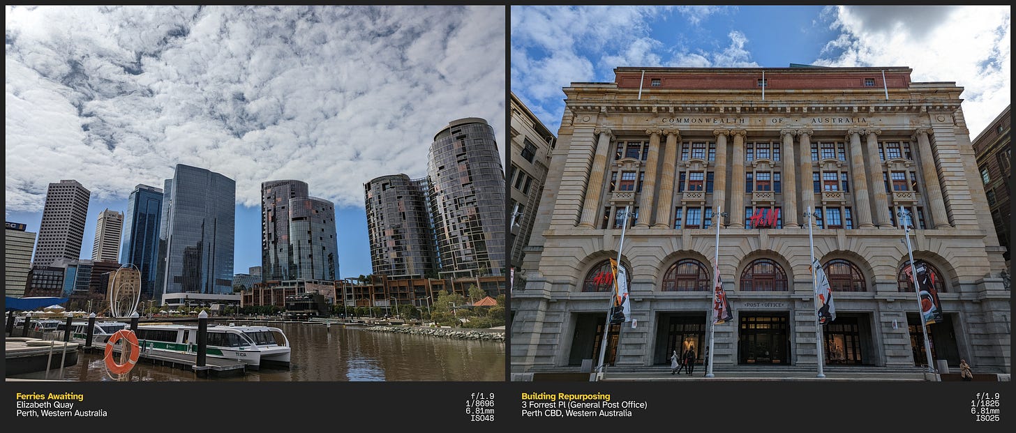 Left: A group of glass buildings nearby a quay on a cloudy day. On the lower left are commuter ferries docked by a dock; Right: An old-styled brown and grey-colored building. The building has "Commonwealth of Australia" near the top, "Post Office" above the center entrance, and H&M signs on the windows. In front of the building are four poles with banners