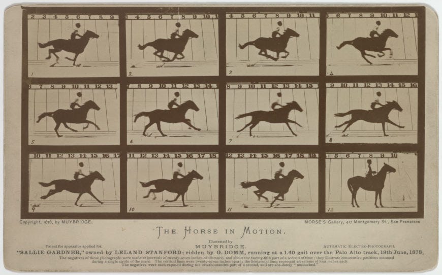 Eadweard Muybridge, The Horse in Motion (“Sallie Gardner,” Owned by Leland Stanford; Running at a 1:40 Gait Over the Palo Alto Track, 19th June 1878), 1878, albumen print (Library of Congress, Washington, D.C.)