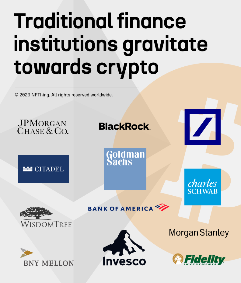 traditional finance tradfi crypto jp morgan blackrock deutsche bank citadel goldman sachs charles schwab wisdom tree bank of america morgan stanley bny melon invesco fidelity