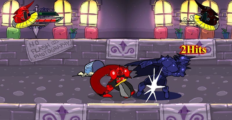 The Red Baron swinging his sword at a shadowy doppelganger.