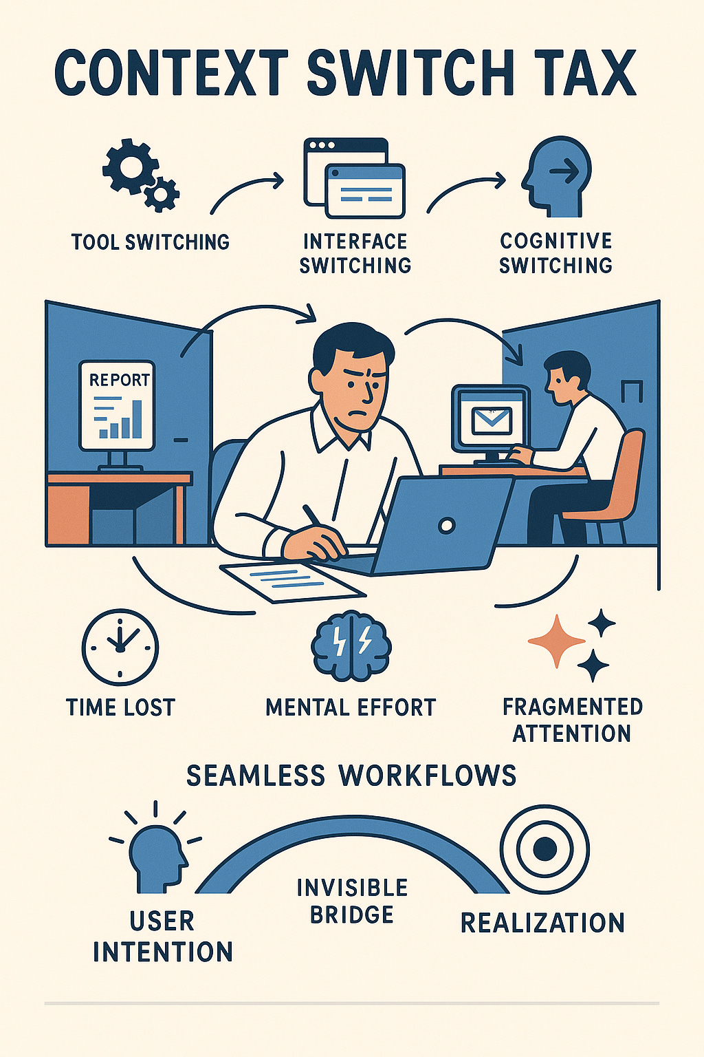 Infographic illustrating the Context Switch Tax and the importance of seamless workflows