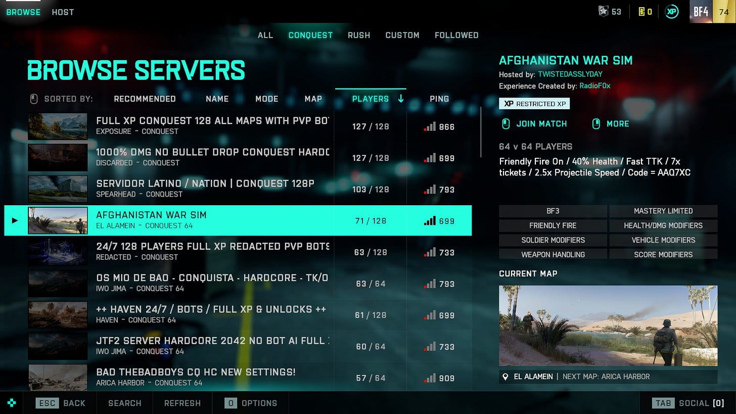 A server browser in Portal mode displaying different game types people have set up.