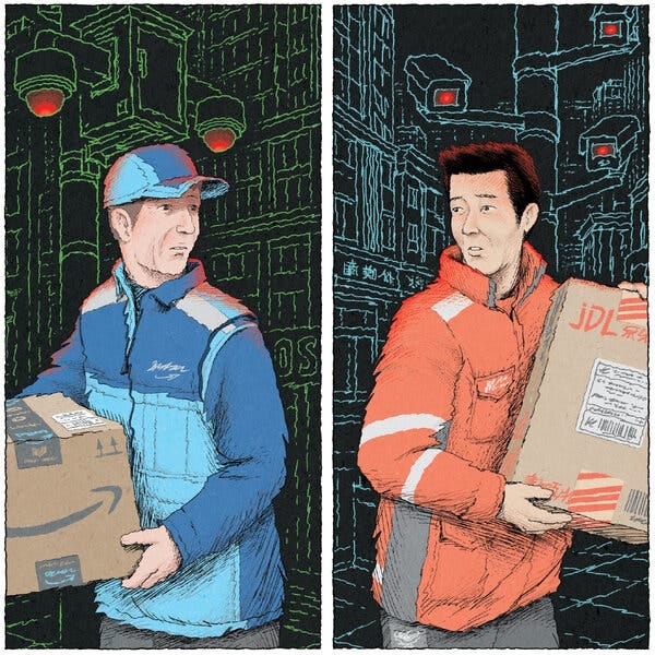 An illustration of two delivery workers in a heavily surveilled environment. 
