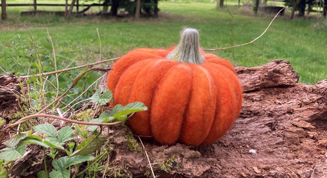 An orange felt pumpkin on top of a wooden log with a grass field behind it