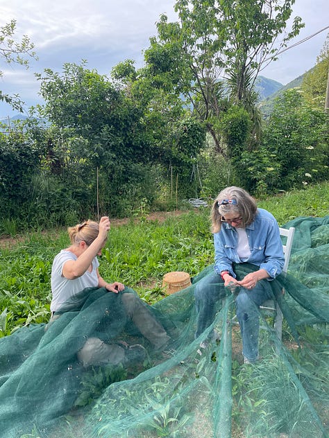 sasha e sua madre sono sedute in un prato, con una enorme rete verde sulle gambe, intete a cucire