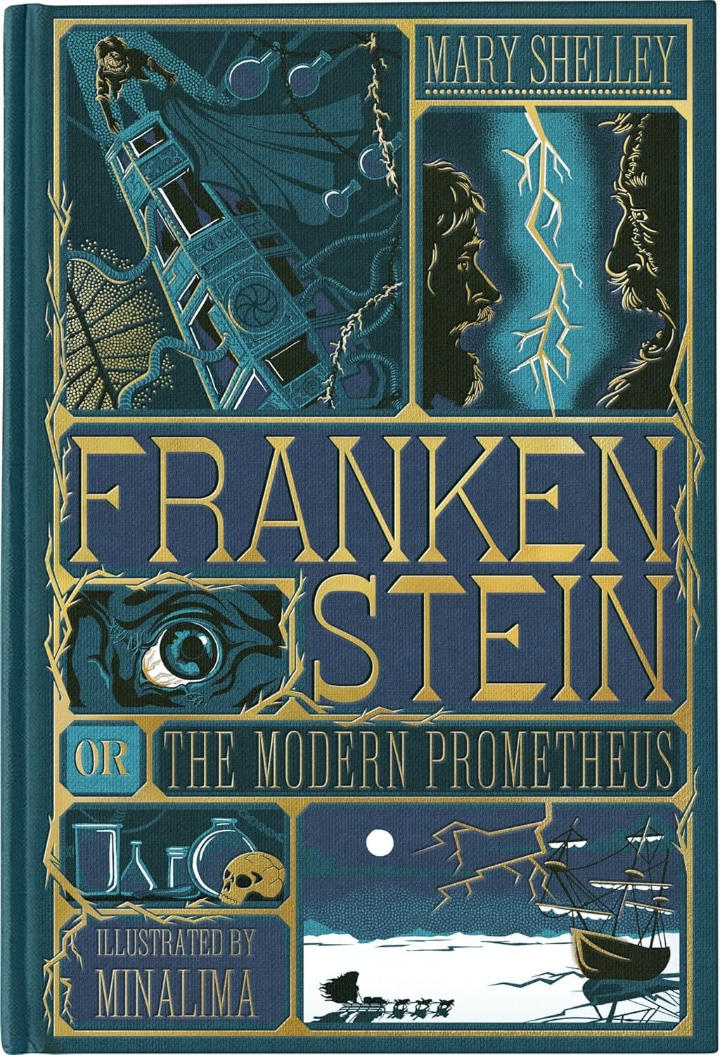 Book cover for "Frankenstein or The Modern Prometheus" by Mary Shelley, featuring illustrated scenes, lightning, and metallic gold and blue accents; illustrated by Minalima. Book cover for "Frankenstein or The Modern Prometheus" by Mary Shelley, featuring illustrated scenes, lightning, and metallic gold and blue accents; illustrated by Minalima.