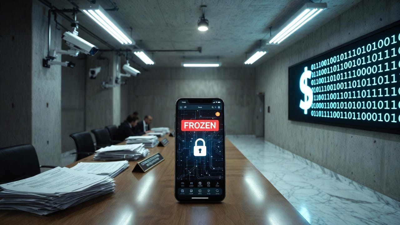 A smartphone displaying a red "Frozen" alert with a padlock icon sits on a government conference table under surveillance cameras, with a wall of binary code and a dollar sign visible in the background, representing state-controlled stablecoin freeze capabilities A smartphone displaying a red "Frozen" alert with a padlock icon sits on a government conference table under surveillance cameras, with a wall of binary code and a dollar sign visible in the background, representing state-controlled stablecoin freeze capabilities