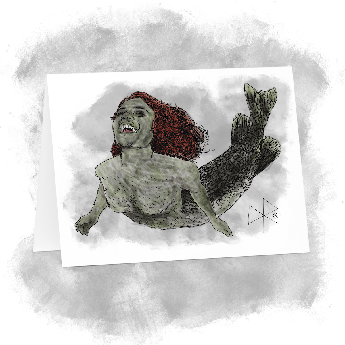 A mermaid, showing pointy teeth while swimming and singing, mouth wide open in a big smile. Sketch art by Don Rice. A mermaid, showing pointy teeth while swimming and singing, mouth wide open in a big smile. Sketch art by Don Rice.