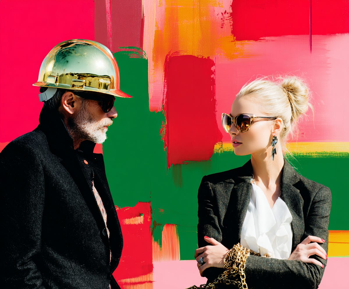 colourful background with stylish builder and interior designer standing in front, plush design interiors adelaide