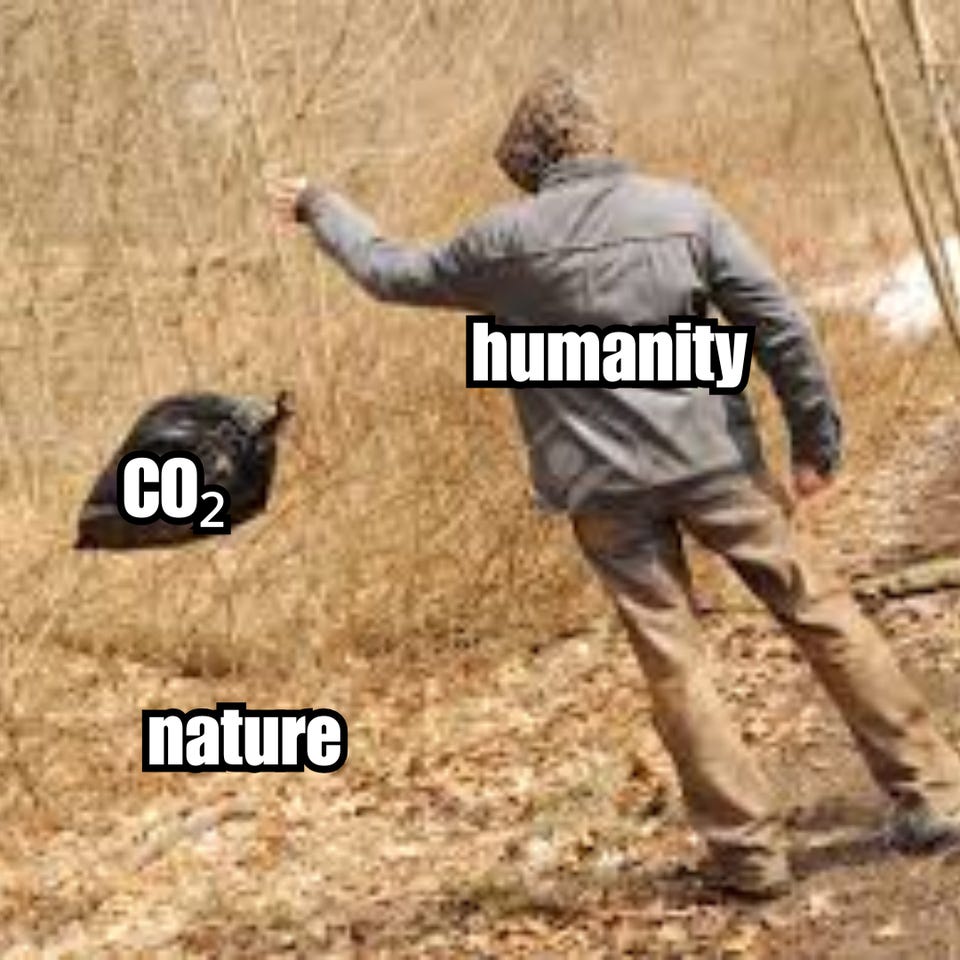 A man labelled "humanity" tossing a garbage bag labelled "CO2" onto the ground in a patch of dry brush labelled "nature."