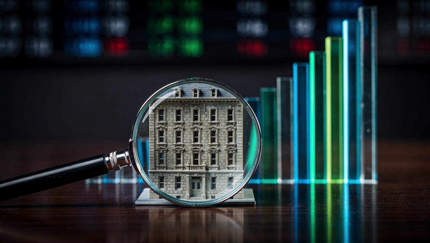 A hyper-realistic, cinematic close-up on a polished dark desk. In the foreground, a high-quality magnifying glass focuses on a small, detailed architectural model of a classic apartment building, looking static and scrutinized. Rising from behind the magnifying glass, a series of glowing, translucent glass bar charts ascend sharply towards the right, representing high-growth stocks. Soft bokeh background with subtle financial ticker lights. Professional lighting, 8k resolution, financial magazine aesthetic, high contrast between the solid stone of the building and the dynamic light of the bars. A hyper-realistic, cinematic close-up on a polished dark desk. In the foreground, a high-quality magnifying glass focuses on a small, detailed architectural model of a classic apartment building, looking static and scrutinized. Rising from behind the magnifying glass, a series of glowing, translucent glass bar charts ascend sharply towards the right, representing high-growth stocks. Soft bokeh background with subtle financial ticker lights. Professional lighting, 8k resolution, financial magazine aesthetic, high contrast between the solid stone of the building and the dynamic light of the bars.