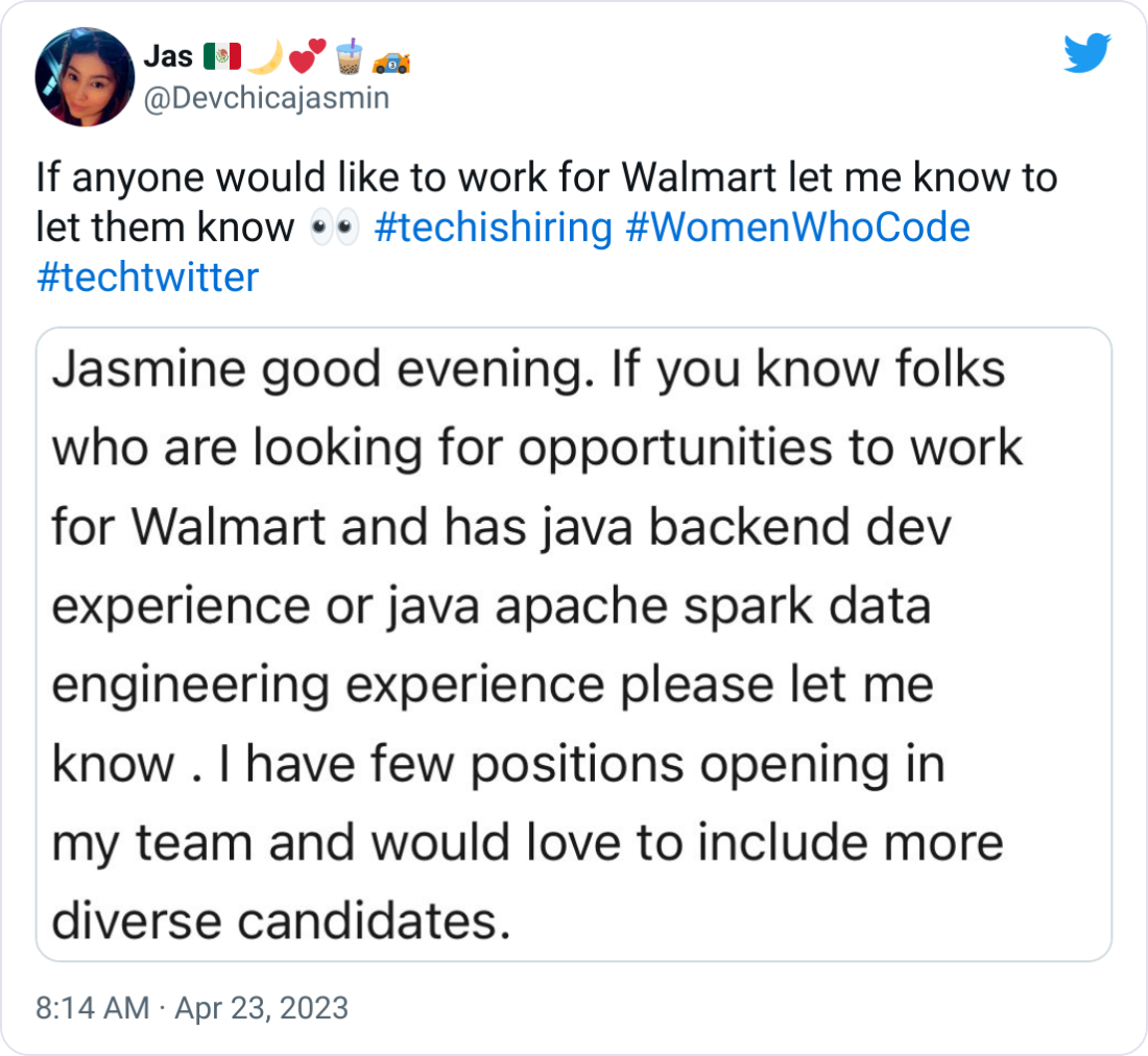 Jas 🇲🇽🌙💕🧋🏎️ @Devchicajasmin If anyone would like to work for Walmart let me know to let them know 👀 #techishiring #WomenWhoCode #techtwitter Jas 🇲🇽🌙💕🧋🏎️ @Devchicajasmin If anyone would like to work for Walmart let me know to let them know 👀 #techishiring #WomenWhoCode #techtwitter