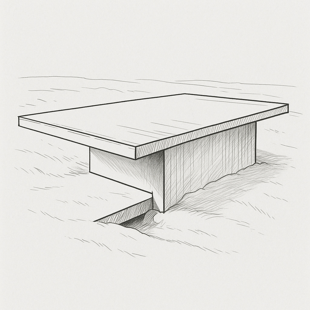 A shaded pencil sketch of a flat rectangular platform placed above a solid support structure, partially surrounded by uneven ground. The underside suggests a recessed or hollow section, and the surface appears smooth and featureless
