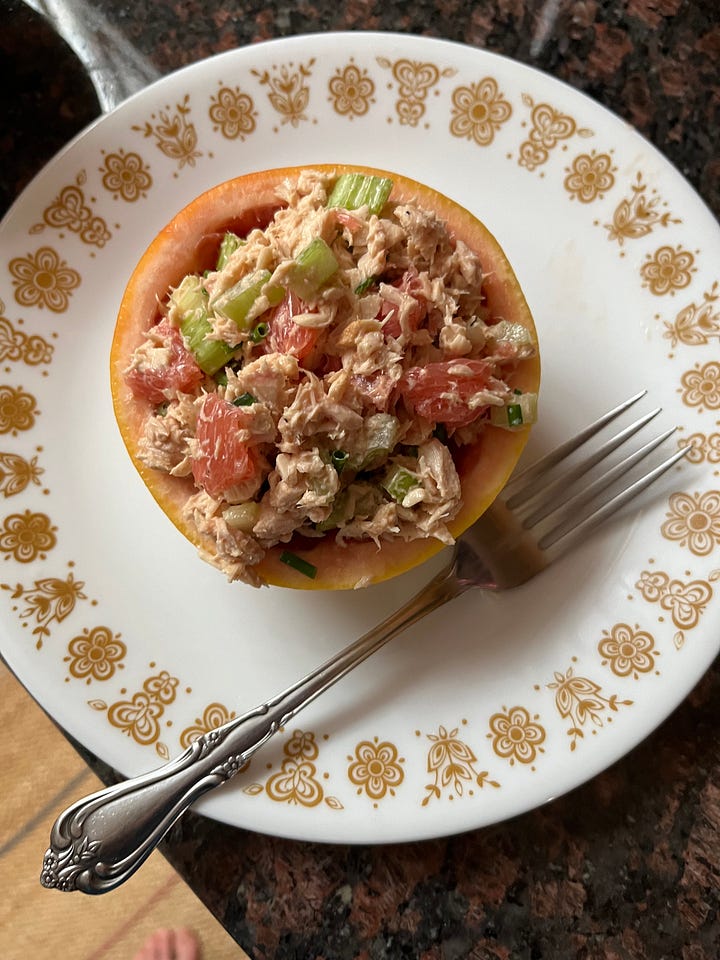 Two pages from Elizabeth Taylor cookbook and images of prepared tuna salad and a hamburger