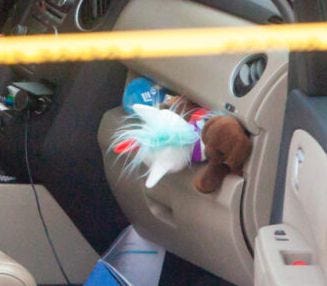 murdered woman's glove compartment filled with stuffed animals