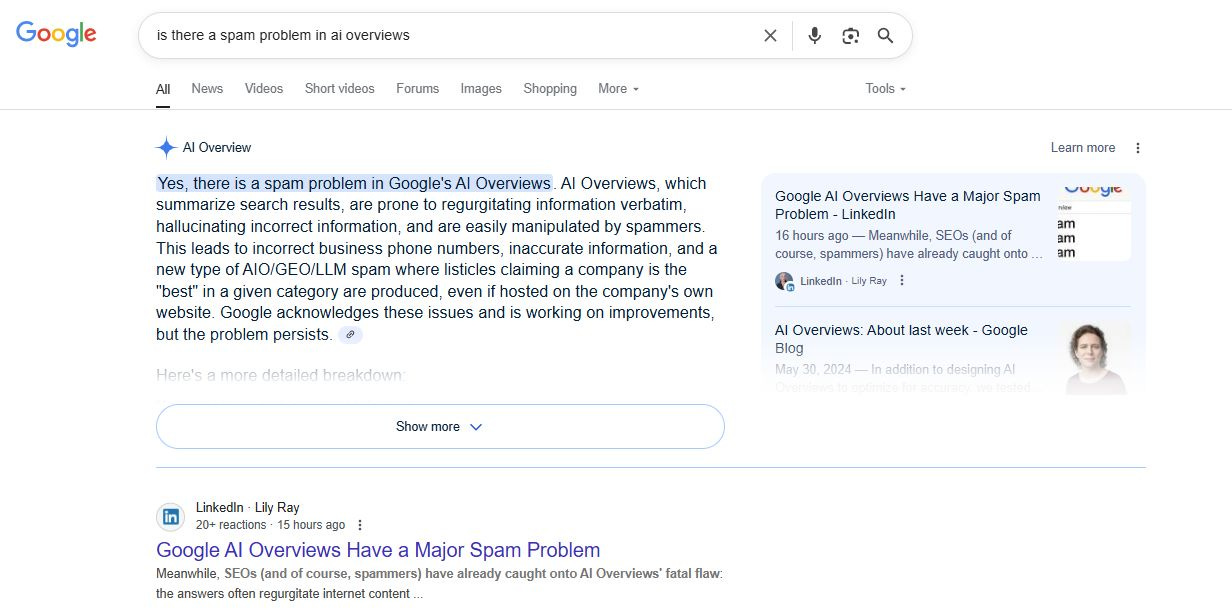 An AIO showing that there is a spam problem in AIOs