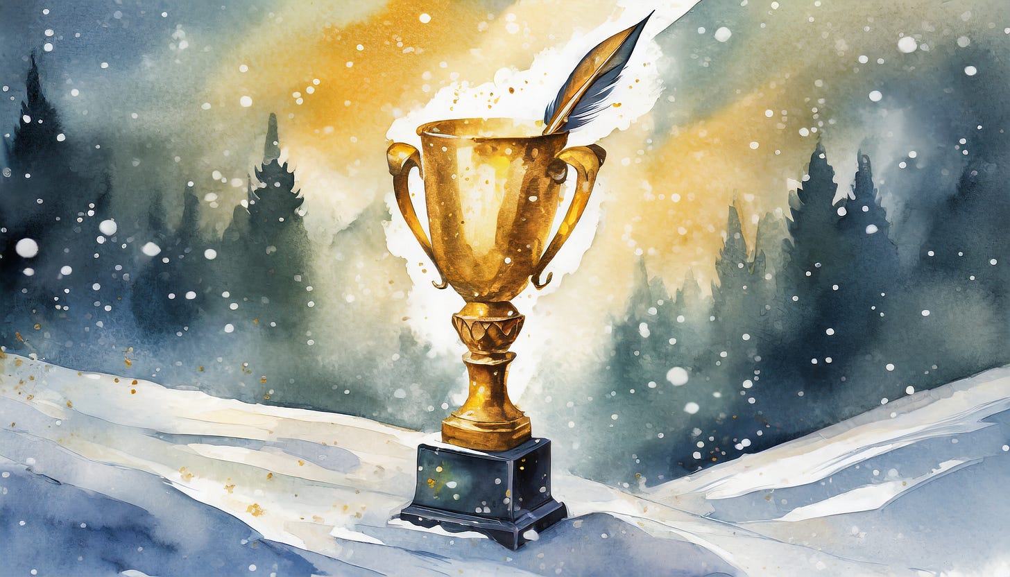 A golden trophy containing an old-fashioned ink pen.