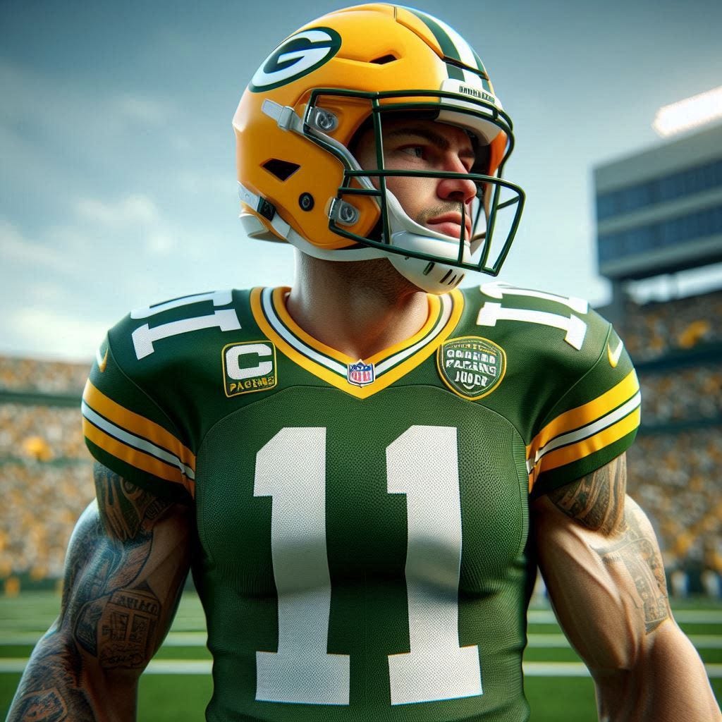 a green bay packer player wearing jersey number 101 photorealistic