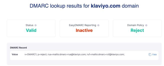 Example DMARC DNS TXT record shown in Klaviyo’s Help Center, illustrating v=DMARC1 syntax Example DMARC DNS TXT record shown in Klaviyo’s Help Center, illustrating v=DMARC1 syntax