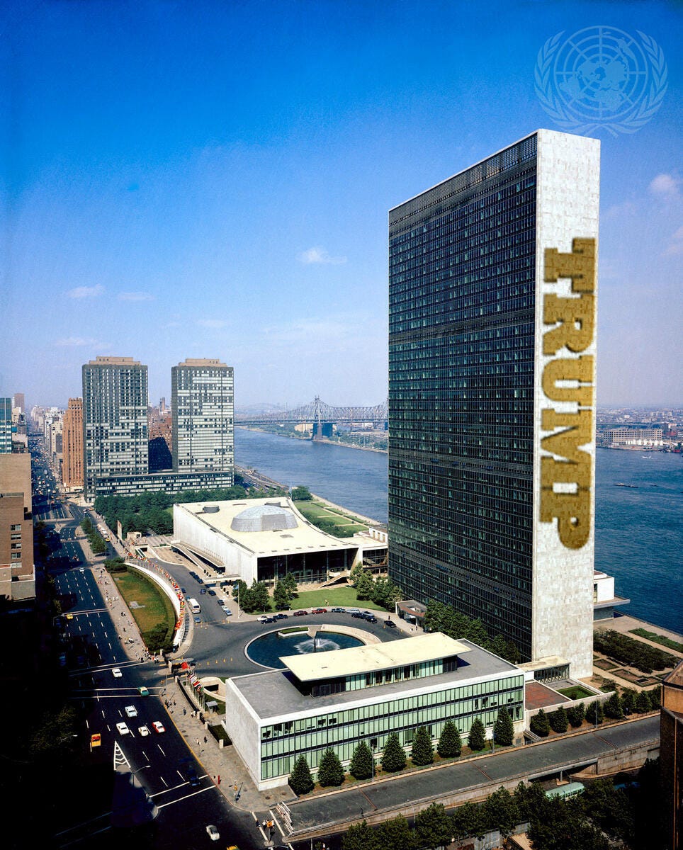 Photo of UN building with 'Trump' on it