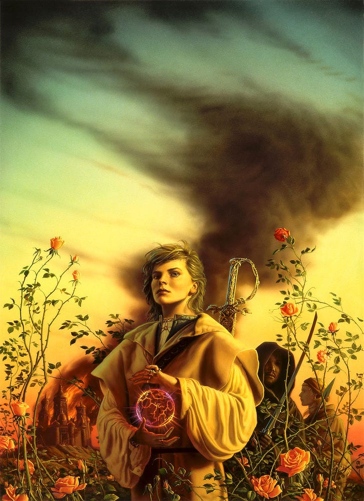 With a castle burning in the background, a female mage glances down at the viewer with haughty intensity as she conjures an orb of crackling energy. Spears of light radiate from the sphere as she draws one hand—adorned with many rings—over the top while her hand beneath supports orb with fingers rigidly bent. On her back is a sword with a hilt and hand-guard decorated with leaves and thorns to match the thicket of roses she stands among. A dark plume of smoke crosses behind her. Over her shoulder, a hooded companion holds a single edged sword ready. Beyond him, a woman with bandana rests a spear back against her shoulder. With a castle burning in the background, a female mage glances down at the viewer with haughty intensity as she conjures an orb of crackling energy. Spears of light radiate from the sphere as she draws one hand—adorned with many rings—over the top while her hand beneath supports orb with fingers rigidly bent. On her back is a sword with a hilt and hand-guard decorated with leaves and thorns to match the thicket of roses she stands among. A dark plume of smoke crosses behind her. Over her shoulder, a hooded companion holds a single edged sword ready. Beyond him, a woman with bandana rests a spear back against her shoulder.