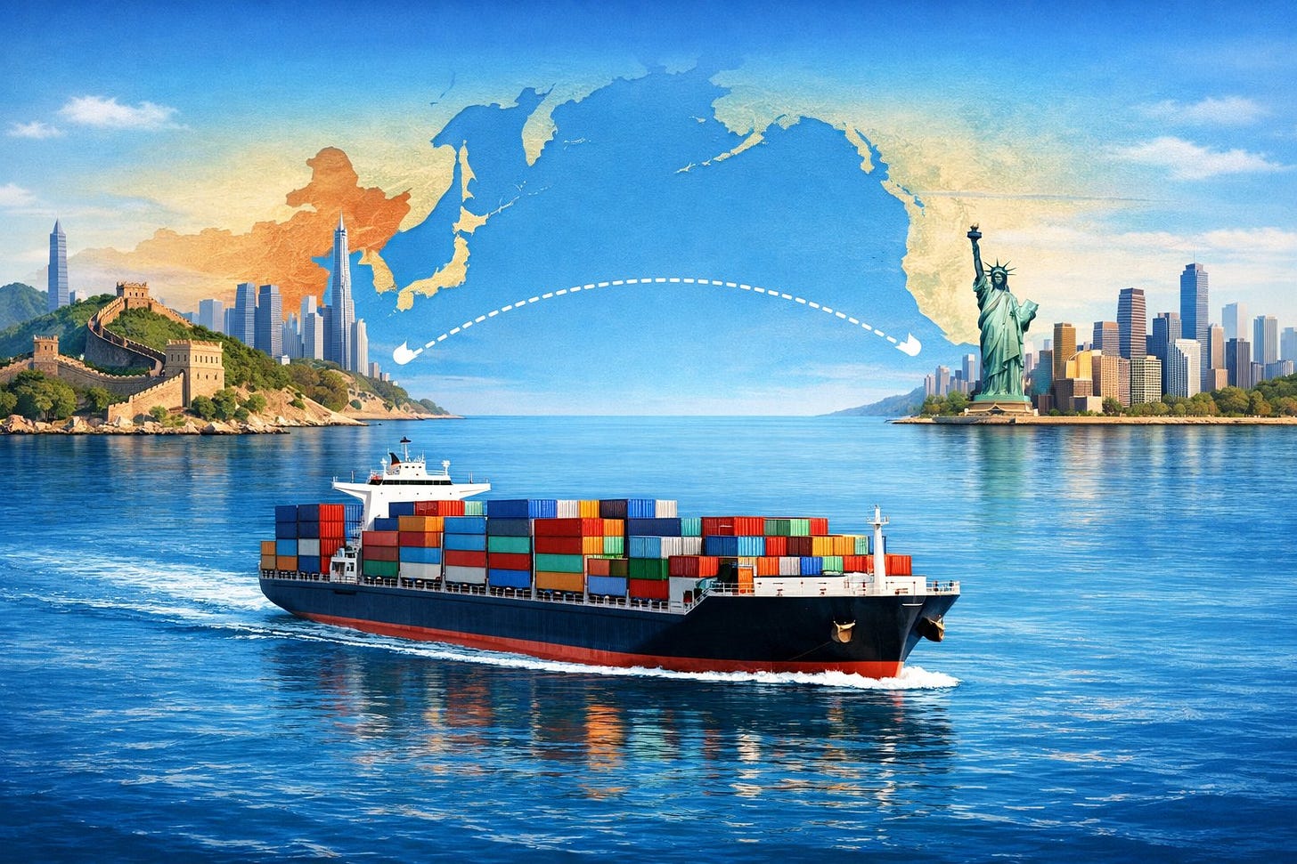 A cargo ship carrying containers sailing on the ocean between the coastlines of China and the USA, with a map showing the shipping route across the Pacific Ocean. A cargo ship carrying containers sailing on the ocean between the coastlines of China and the USA, with a map showing the shipping route across the Pacific Ocean.