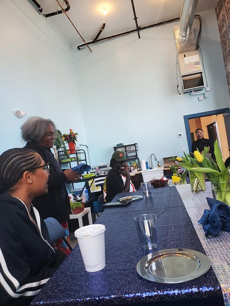 Images from DSM.215's celebration circle, photos of community members sharing food, laughing, and engaging in a gratitude exercise