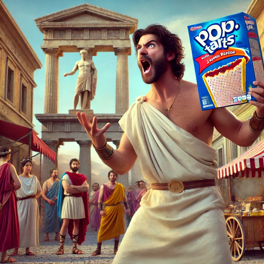 A man in ancient Greece, wearing a traditional toga, passionately shouting in a bustling town square while holding a box of colorful Pop-Tarts. The scene is vibrant, featuring classic Greek architecture like stone columns and statues, with townspeople in ancient attire looking on curiously. The Pop-Tarts box is modern and brightly colored, contrasting humorously with the ancient setting. The man appears animated and energetic, his expression intense as he gestures dramatically with the Pop-Tarts. The background includes market stalls and a sunny sky.