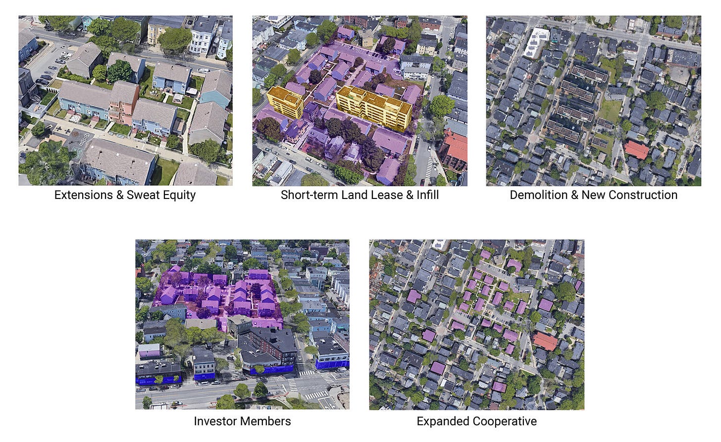 Figure 8. In these renderings, MIT workshop participant Benjamin Hoyle explores options for the renovation, redevelopment, and/or expansion of Harwell Homes, a nonprofit cooperative in Cambridge completed in 1974. Taking cues from practices in Zurich, all options maintain nonprofit status and cost rent throughout.   Courtesy of Benjamin Hoyle.