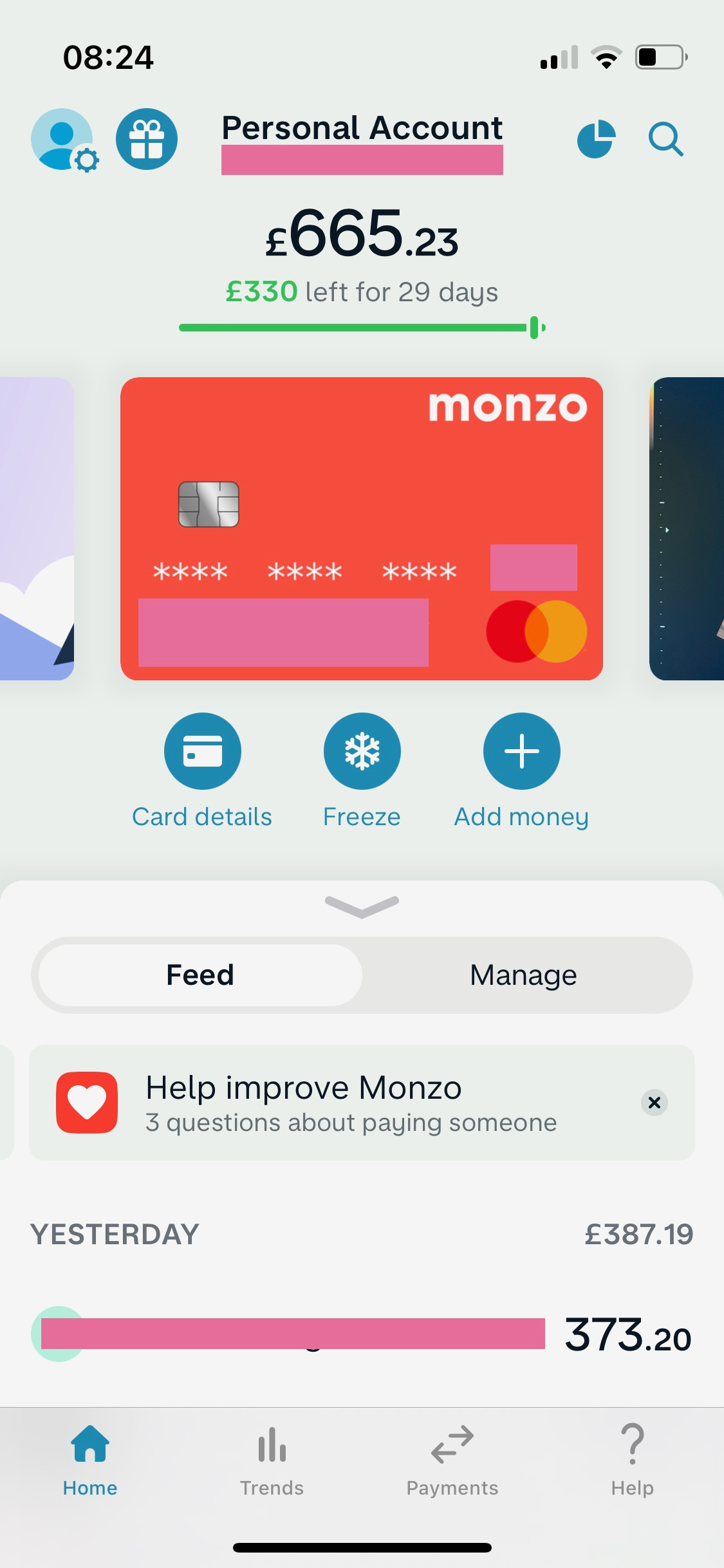 A monzo bank account page with a call to action for customer feedback