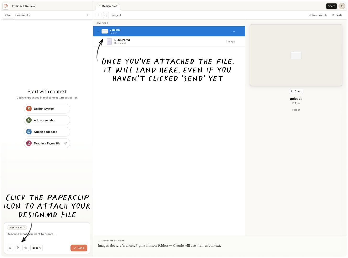 Annotated Claude Design chat showing DESIGN.md attached via the paperclip icon   and landing in the project's uploads folder