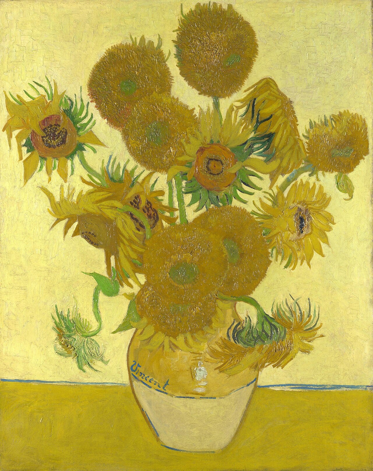 Van Gogh's Sunflowers, a vase of yellow blooms in chrome yellow paint Van Gogh's Sunflowers, a vase of yellow blooms in chrome yellow paint