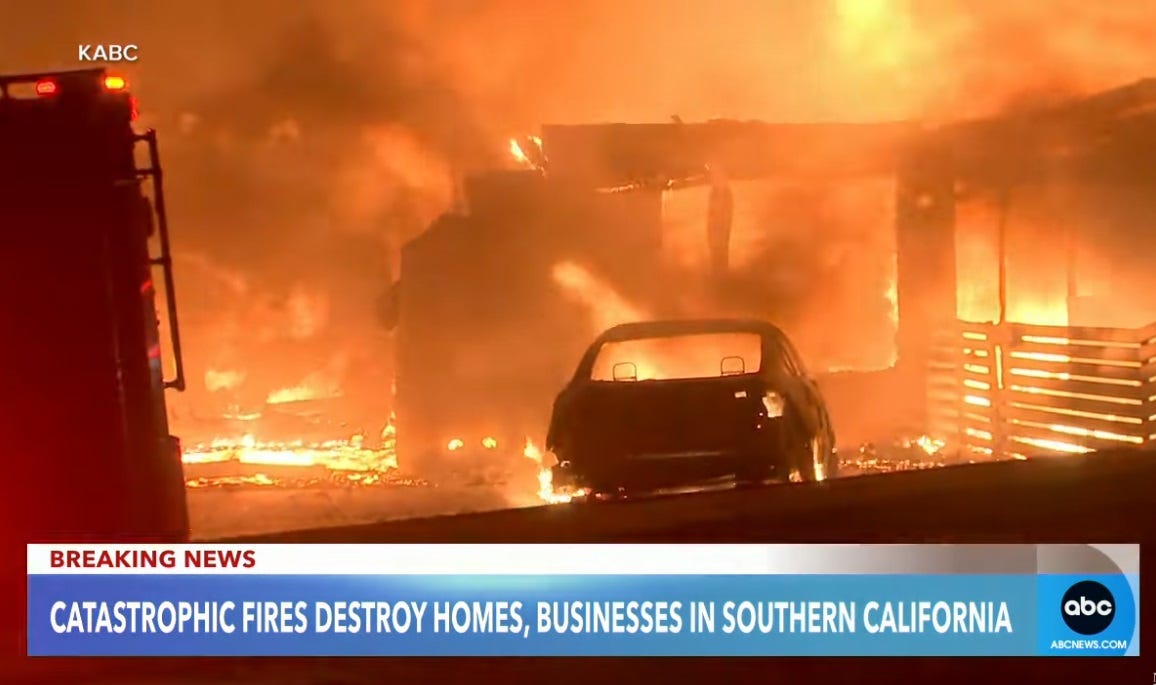 video screenshot of a house and car fully engulfed in orange flames, with more fire and smoke in the background; in the left foreground, a fire truck is silhouetted against the flames. video screenshot of a house and car fully engulfed in orange flames, with more fire and smoke in the background; in the left foreground, a fire truck is silhouetted against the flames.
