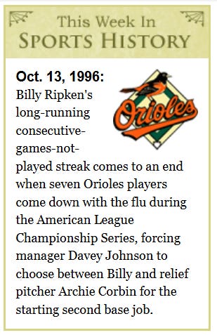  [Image shows a satirical "This Week In Sports History" segment with decorative borders, featuring the Baltimore Orioles logo and text about a fictional 1996 event] This Week In SPORTS HISTORY; Oct. 13, 1996:; Billy Ripken's long-running, consecutive-games-not-played streak comes to an end when seven Orioles players come down with the flu during the American League Championship Series, forcing manager Davey Johnson to choose between Billy and relief pitcher Archie Corbin for the starting second base slot.