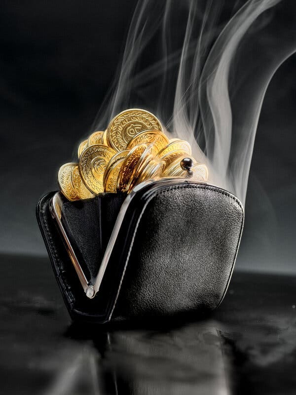 A photograph of a black change purse, which is open and full of gold coins, sitting on a black surface. Smoke rises from the purse’s opening. 