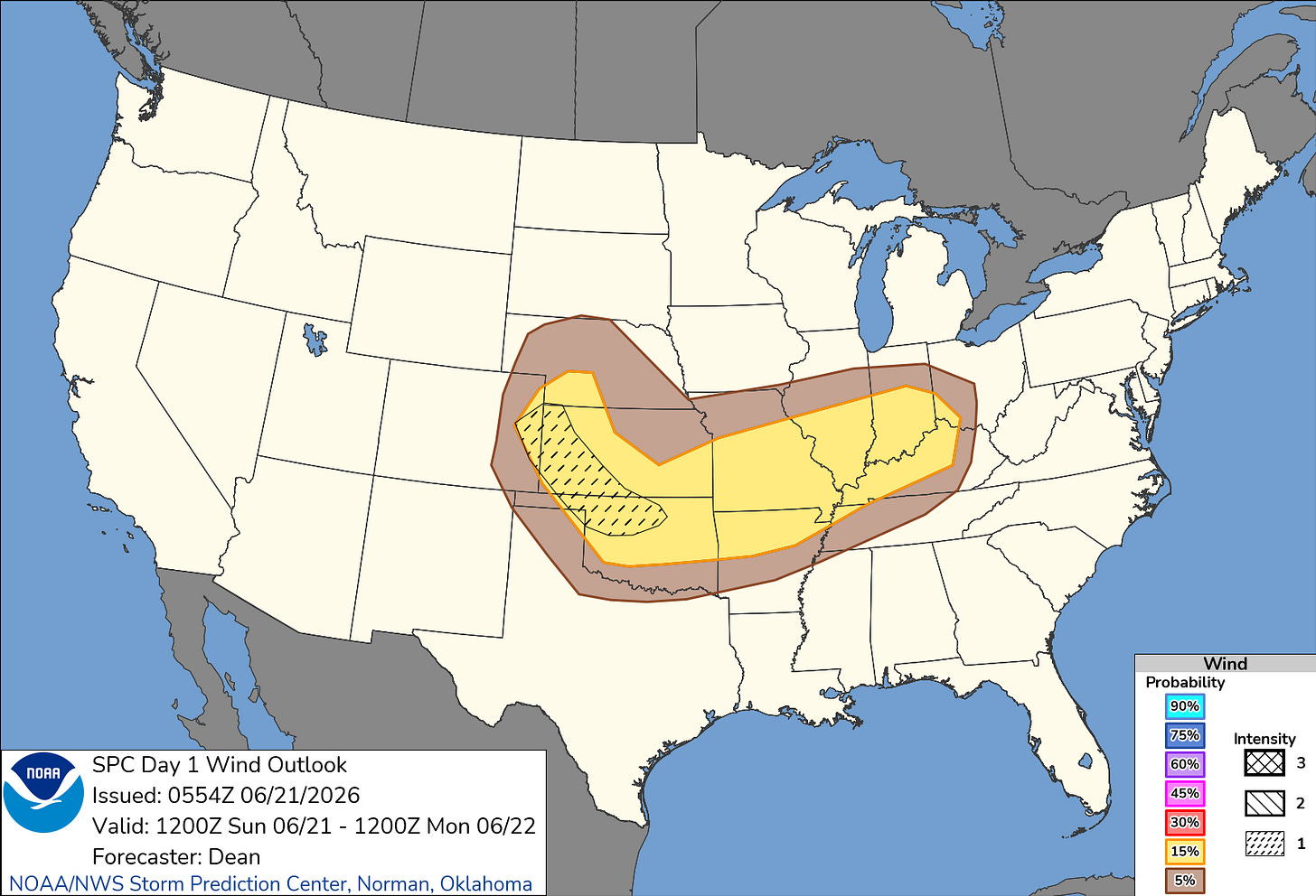 20260621 1200 UTC Day 1 Damaging Wind Probabilities Graphic