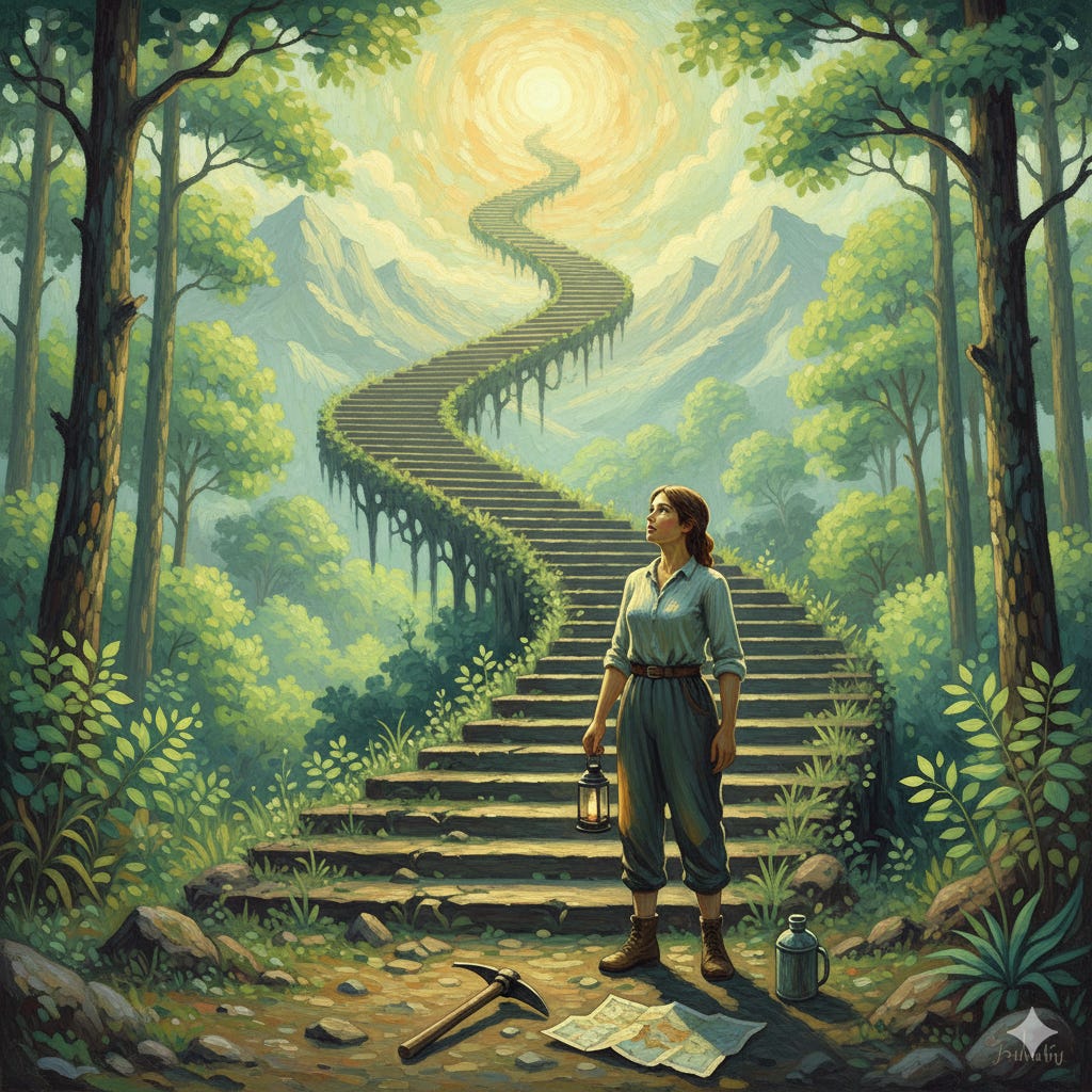 A lady standing at the bottom of a long staircase that leads to heaven. A lady standing at the bottom of a long staircase that leads to heaven.