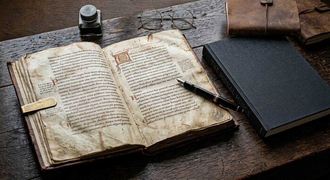 An overhead shot of an ancient 8th-century ledger next to a modern scholarly book on a dark wood desk, symbolizing the connection between historical sources and modern analysis.