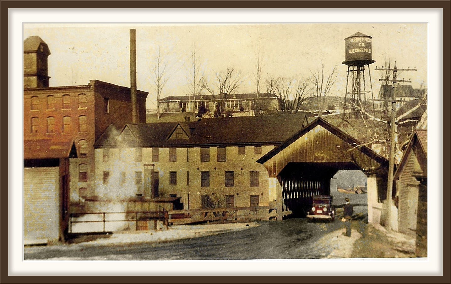 The Harris, Emery mill and the covered bridge in Quechee village, about 1930, colorized The Harris, Emery mill and the covered bridge in Quechee village, about 1930, colorized