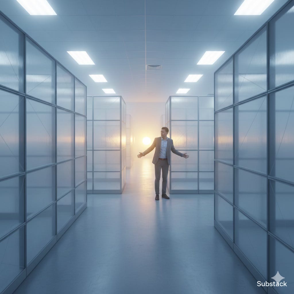 A horizontal image showing a person in a suit standing confused in the middle of a vast, sterile, and semi-transparent maze of translucent cubicle walls, with a hazy light at the far end. The visual represents the feeling of being lost inside an organization due to a "Clarity Crisis."