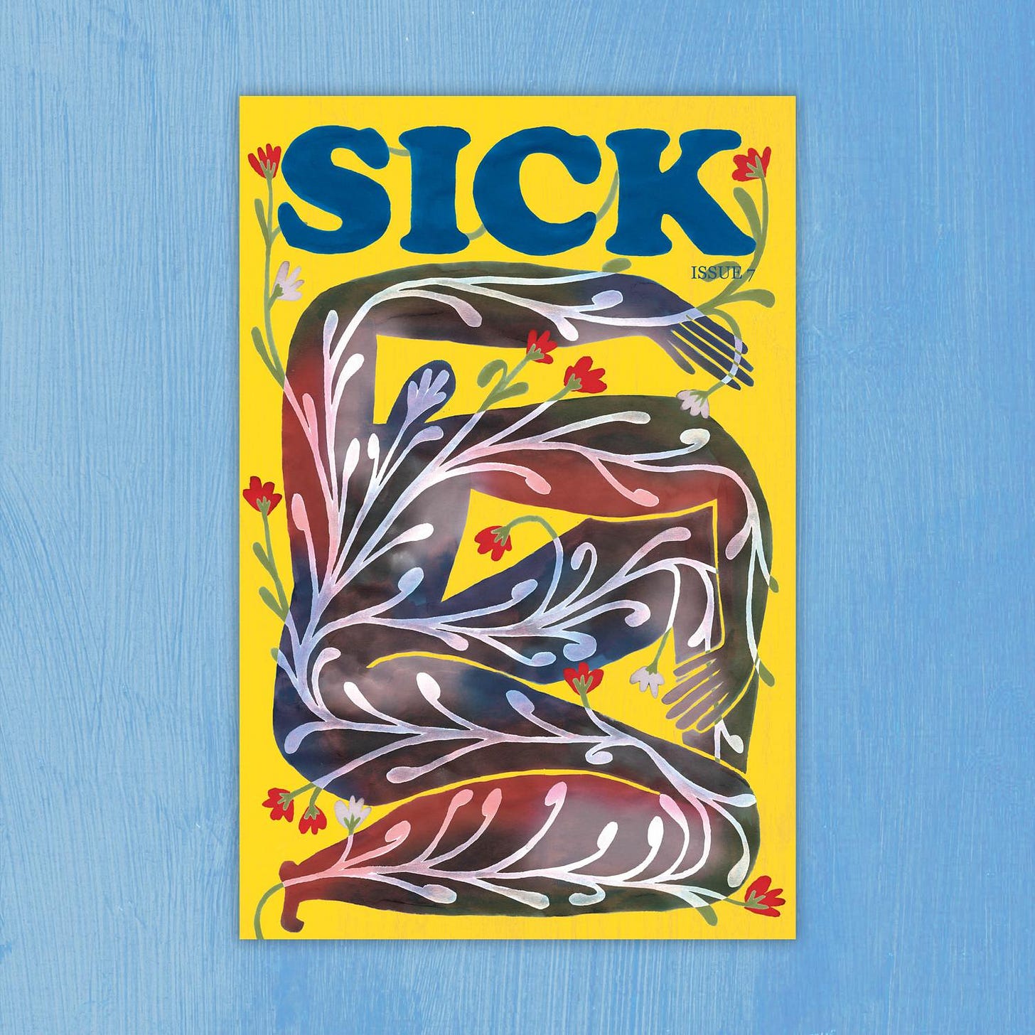 The cover of issue 7 is a painting of a large, slightly abstract body. The body is a grayish-black, on a bright yellow background. Inside the body, there are white flower stems, muted and traveling around arms, legs, face, and torso. Several of the stems peek outside of the body, where they turn green and red. In dark blue at the top of the painting, SICK issue 7 is written with green stems dancing behind the words. The cover of issue 7 is a painting of a large, slightly abstract body. The body is a grayish-black, on a bright yellow background. Inside the body, there are white flower stems, muted and traveling around arms, legs, face, and torso. Several of the stems peek outside of the body, where they turn green and red. In dark blue at the top of the painting, SICK issue 7 is written with green stems dancing behind the words.