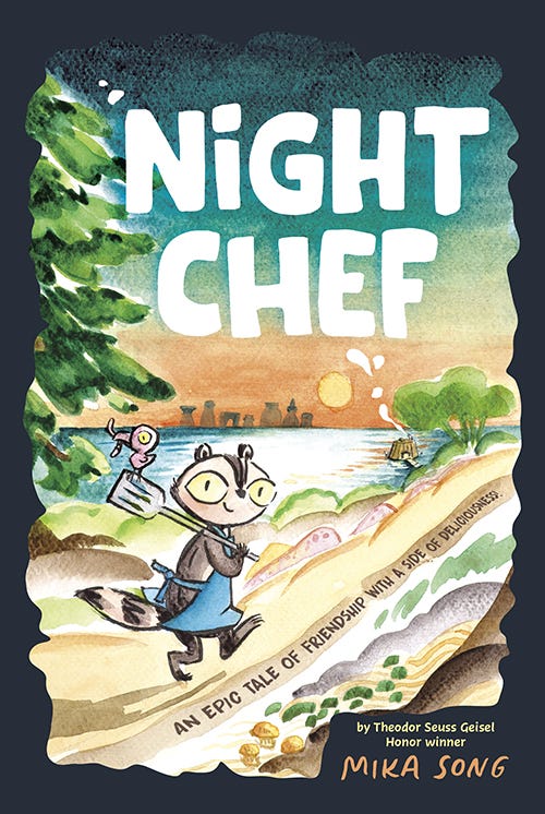 the cover of Night Chef graphic novel. A watercolor illustration of a raccoon wearing an apron and walking over a dirt road by a river.