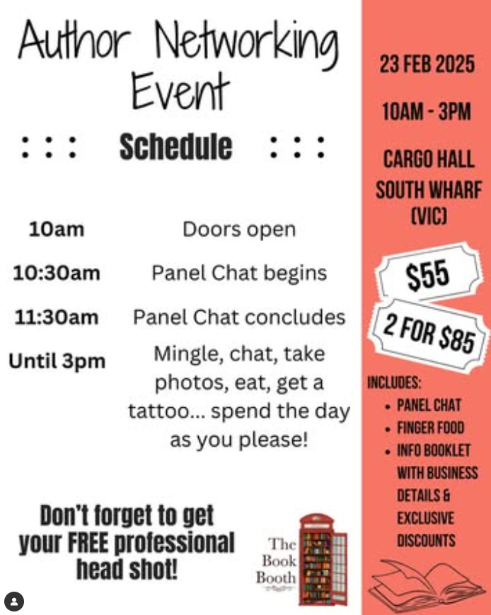 A flyer for the book booth event. It lists the offerings on black text on a white background. The timing and location is on an orange background with black text. A flyer for the book booth event. It lists the offerings on black text on a white background. The timing and location is on an orange background with black text.