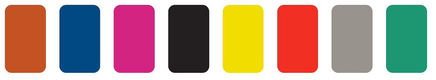 Image showing the eight color panels used in the Luscher Color Test, arranged in a horizontal row: brown, dark blue, violet, black, yellow, red, grey, and green.